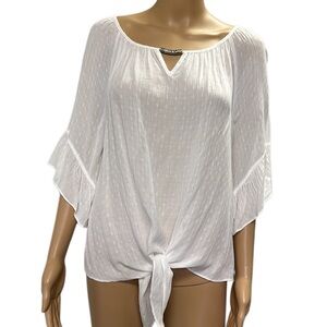 In Studio White Tie Front Ruffle Sleeve Silver Accent Flowing Blouse Petite L